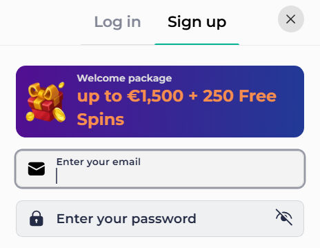 Kinghills Sign up form showing the welcome package, email field and password field.