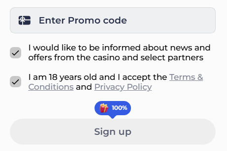 Kinghills registration form showing promo code, consent options, age confirmation and Sign up button.